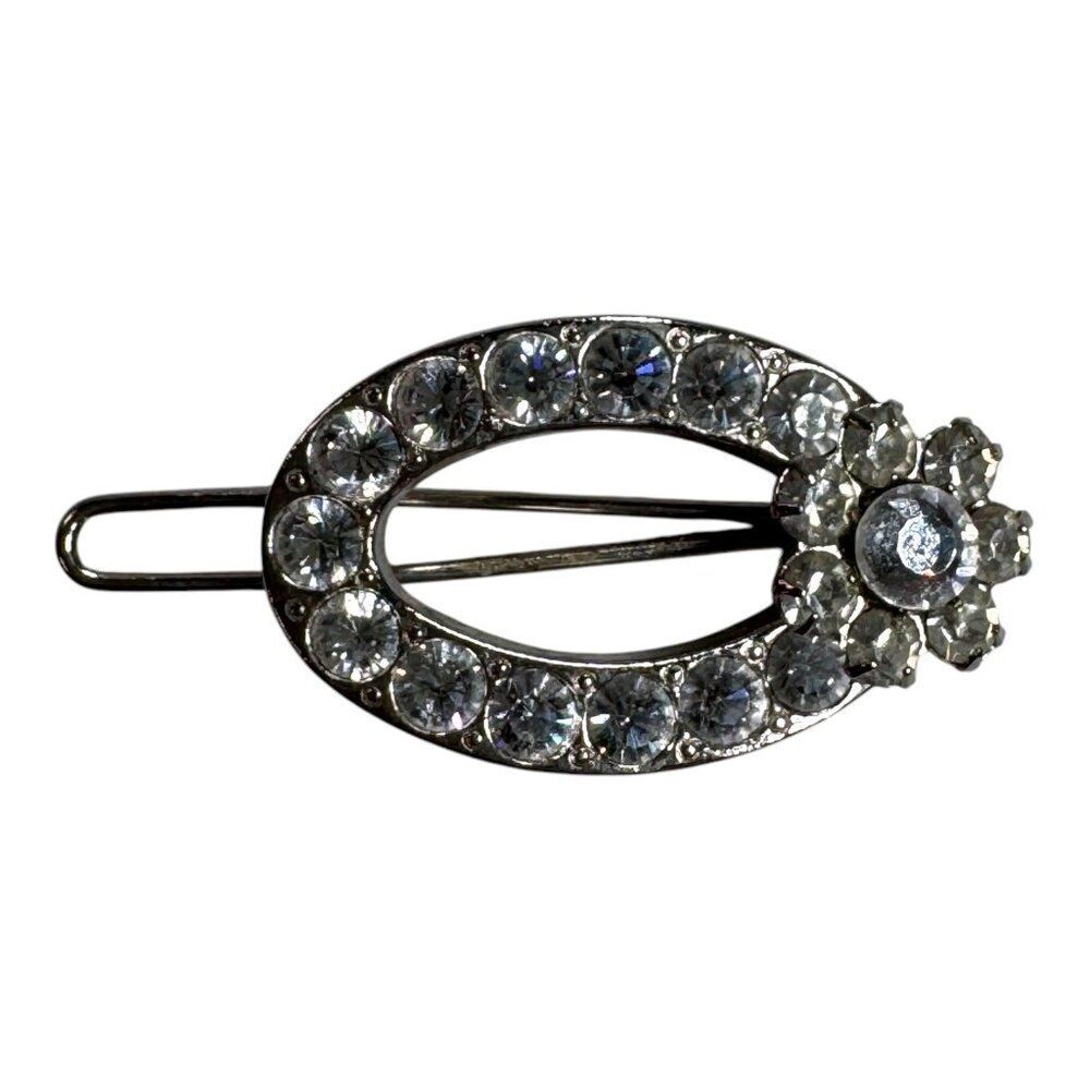 Vintage Joomi Signed Oval Hair Clip Rhinestones & Floral Accent Silver Tone 1.5"